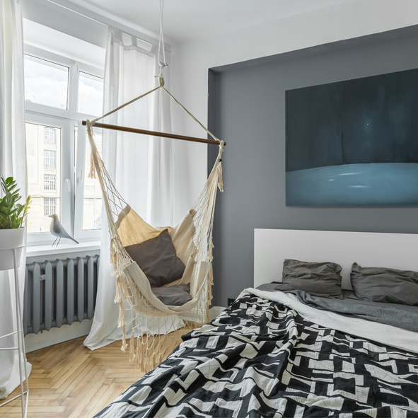 Chambre style nordique. Inspiration peinture grise mat. 